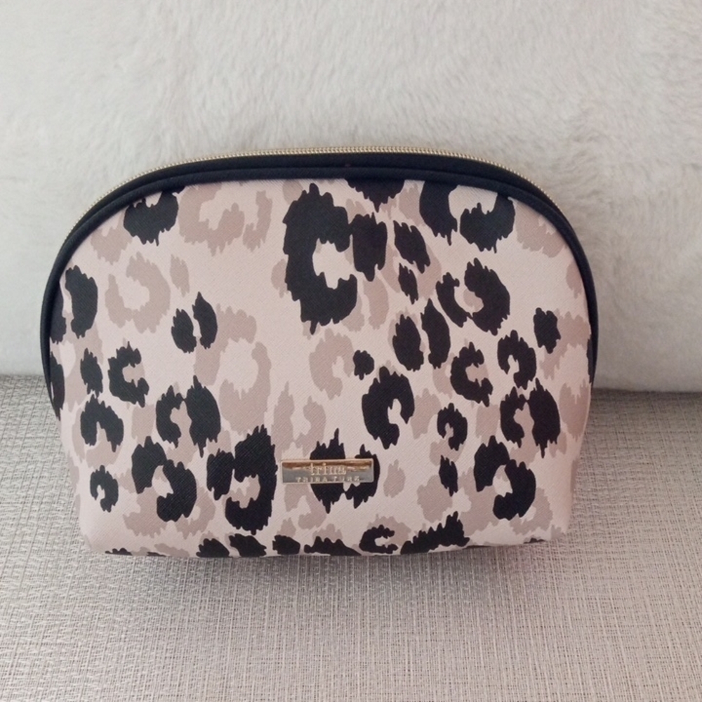 Trina Turk Cream and Black Cosmetic Makeup Jewelry Bag with Animal Print